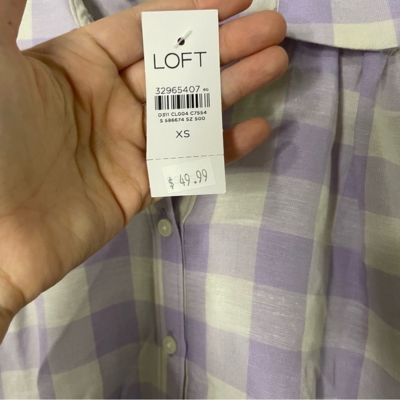 [LOFT] Purple and White Check Print Popover Linen Blend Short Sleeve Top - Picture 4 of 7